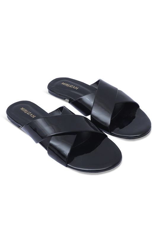 Black Criss-Cross Strap Patent Slides Side View – Miruzah