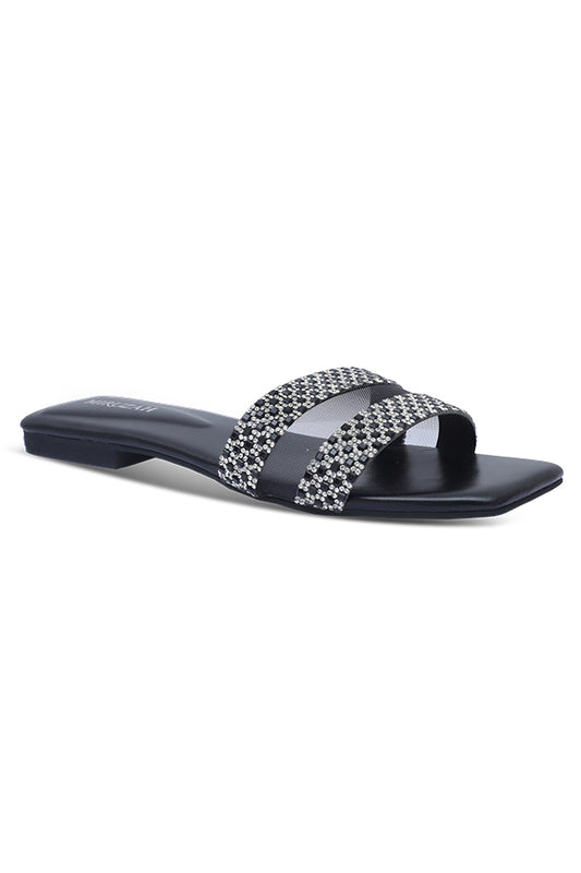 Black Rhinestone Dual Strap Square Toe Slides Side View – Miruzah