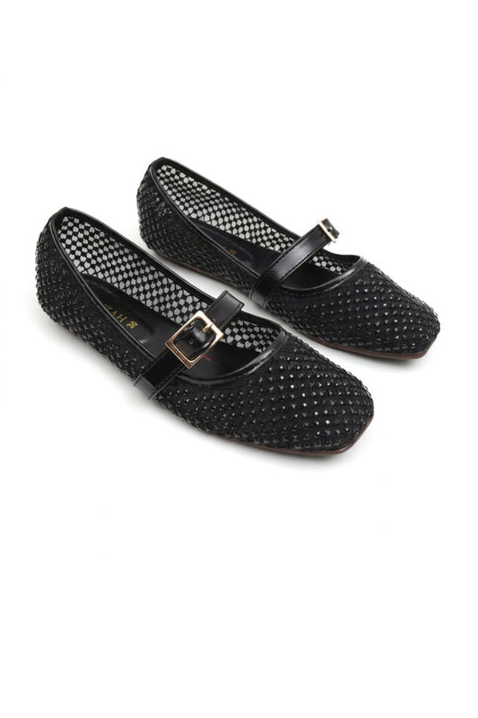 Black Open-Mesh Jeweled Flat Pumps WBA001101
