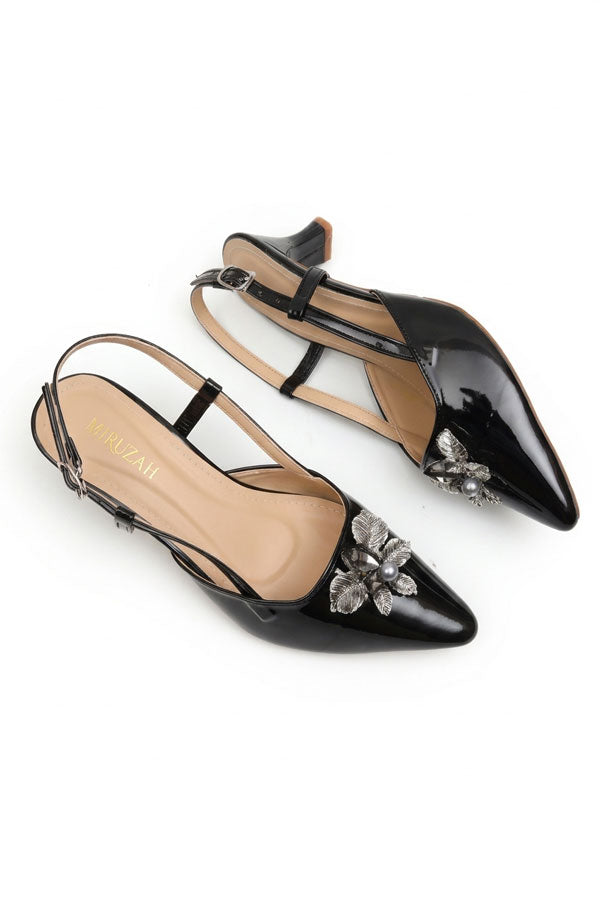 Black Patent Silver Brooch Slingback Heels WSA001601