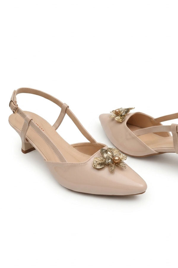 Blush Patent Strappy Gold Brooch Low Heels WSA001605
