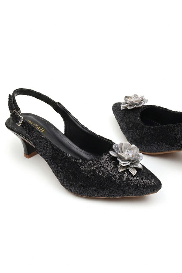 Black Sequin Floral Slingback Kitten Heels WSA001501