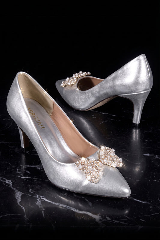 Silver Metallic Pearl Bow Court Pumps WCS000312