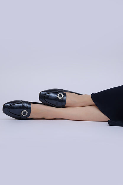 Navy Blue Moccasin Front View Women Footwear Pakistan – Miruzah