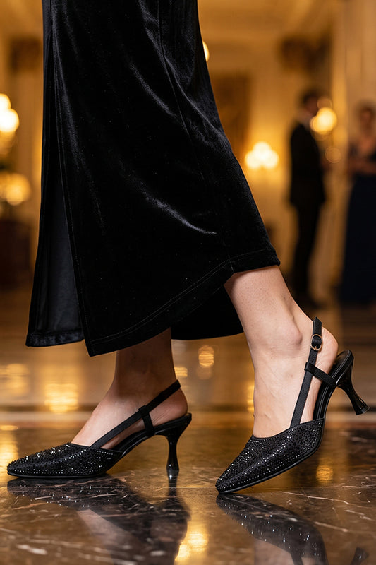 Jet Black Crystal Slingback Heels WSA001301