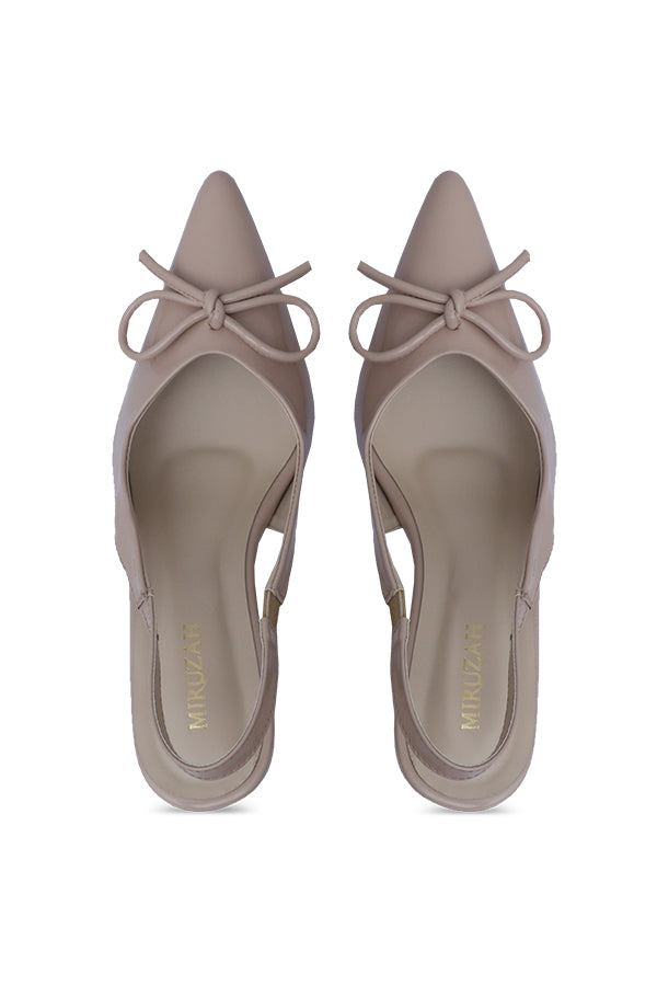 Patent Beige Bow Block Heel Women Pakistan – Miruzah