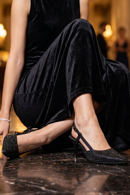 Jet Black Crystal Slingback Heels WSA001301