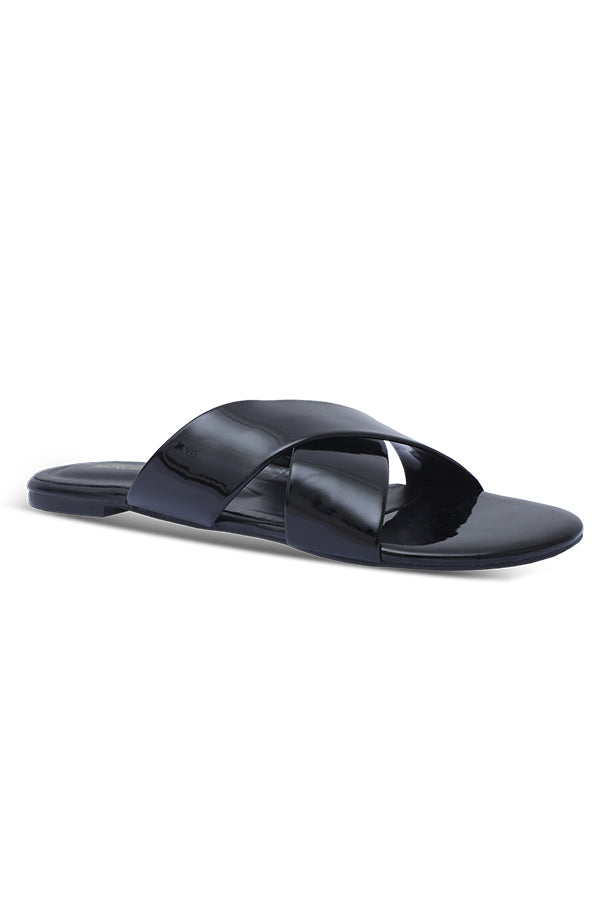 Glossy Black Slides Front View Women Shoes Pakistan