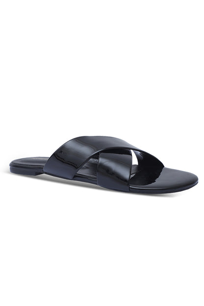 Glossy Black Slides Front View Women Shoes Pakistan