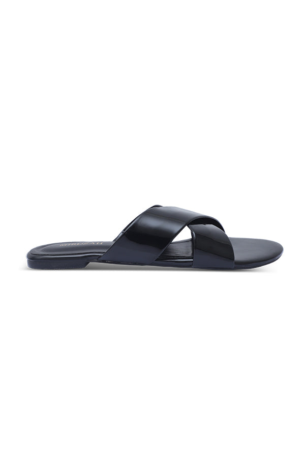 Black Patent Slides Strap Close Up – Miruzah
