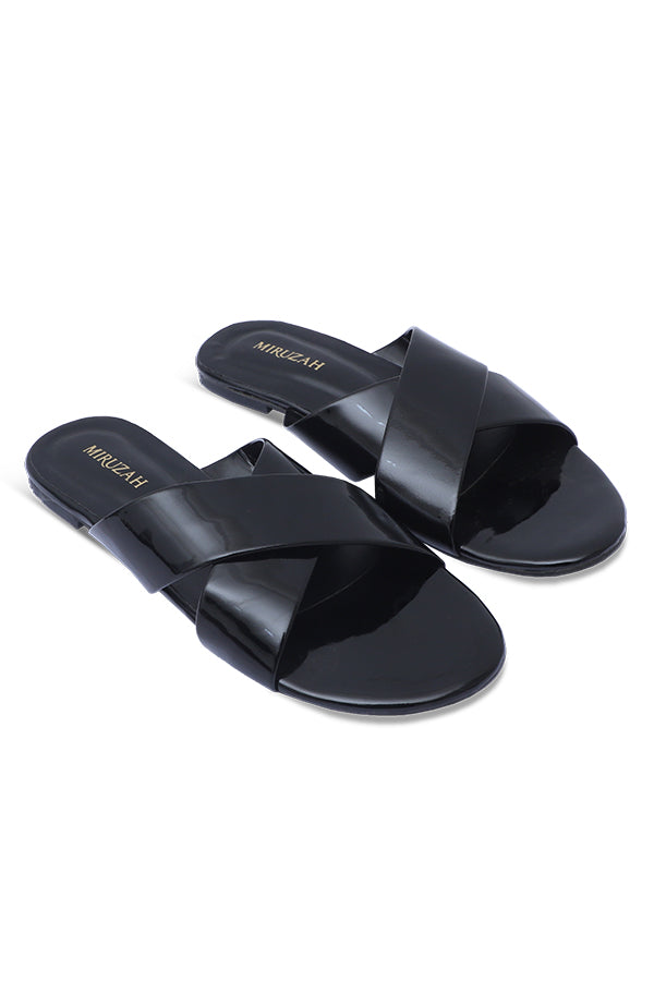 Black Criss-Cross Strap Patent Slides Side View – Miruzah