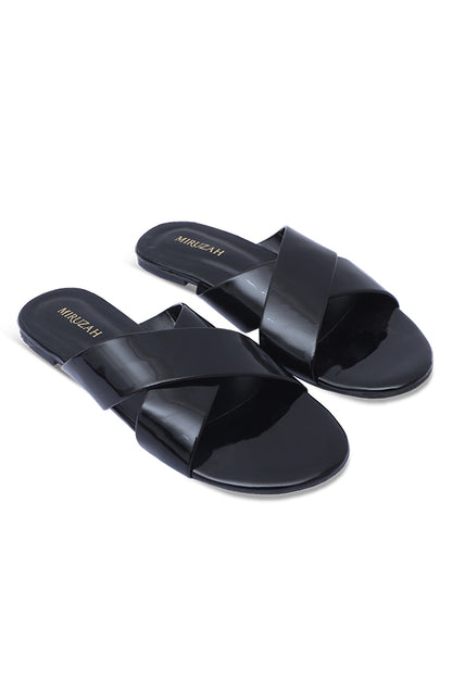Black Criss-Cross Strap Patent Slides Side View – Miruzah