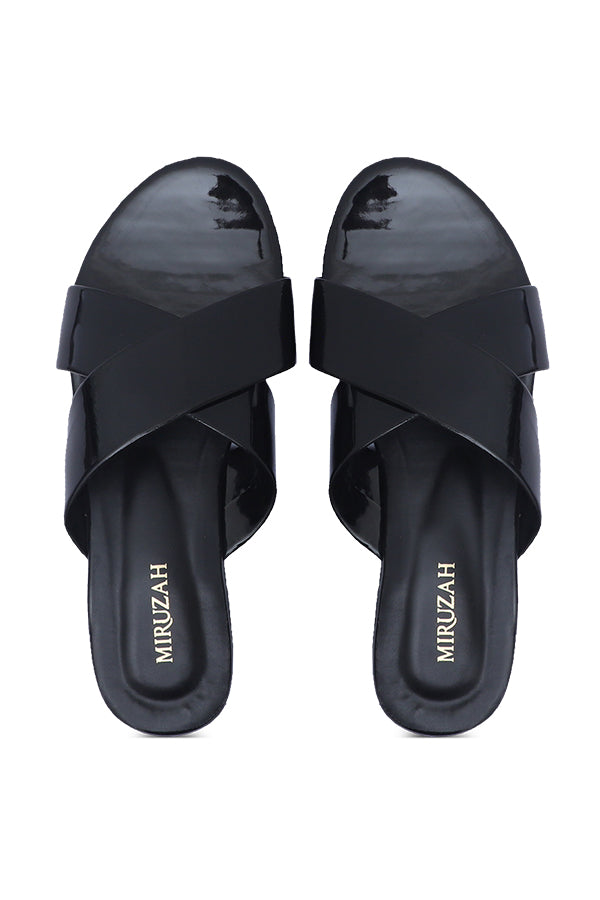 Glossy Black Flat Slides All Sizes 36-41 Pakistan