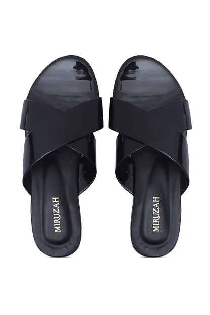 Glossy Black Flat Slides All Sizes 36-41 Pakistan