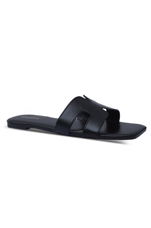 Black Cut-Out Strap Square Toe Flats Side View – Miruzah