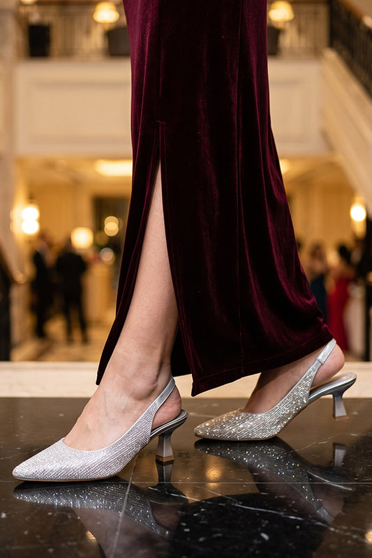 Metallic Silver Gem Mid Heels  WSA001212