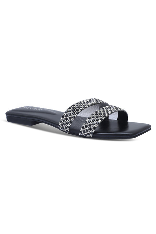 Black Rhinestone Dual Strap Square Toe Slides Side View – Miruzah