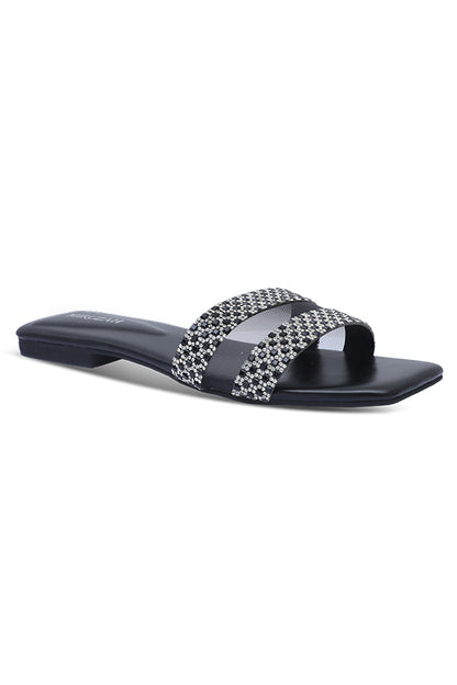 Black Rhinestone Dual Strap Square Toe Slides Side View – Miruzah
