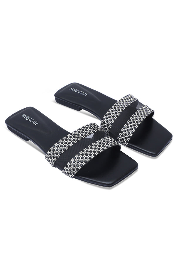 Rhinestone Crystal Strap Close Up Black Slides – Miruzah