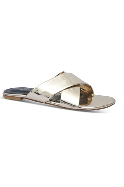 Glossy Gold Flat Slides Front View Women Shoes Pakistan
