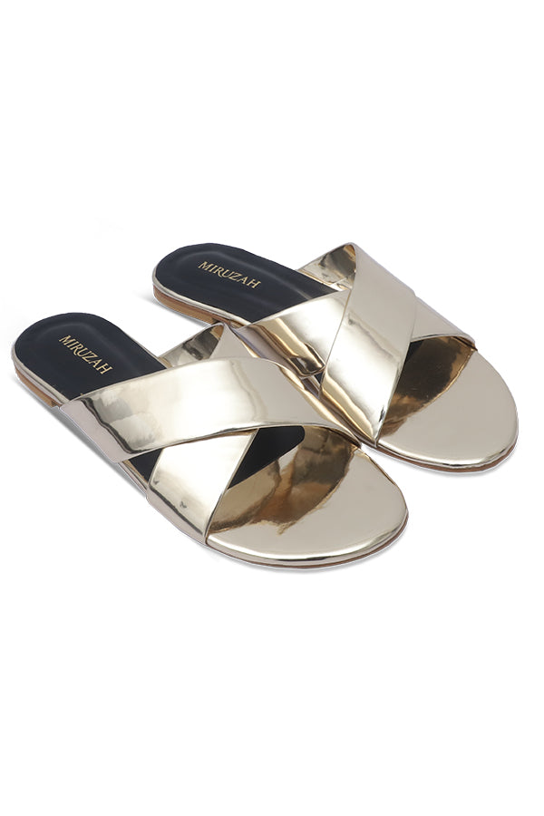Glossy Gold Slides Women Flat Shoes Pakistan – Miruzah