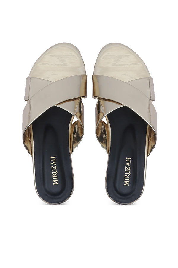 Gold Patent Criss-Cross Strap Flat Slides Side View – Miruzah