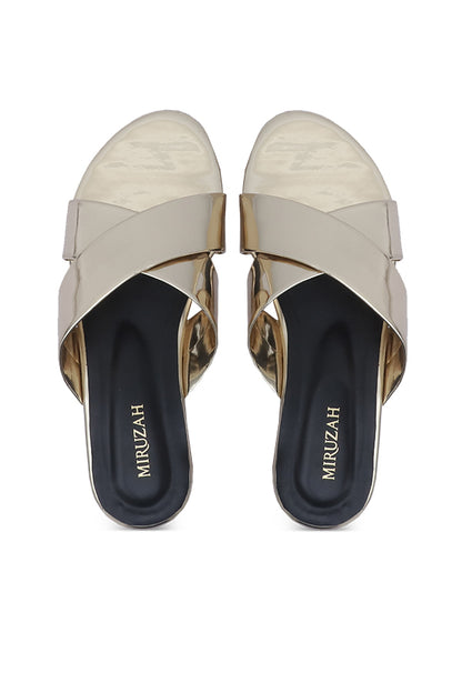 Gold Patent Criss-Cross Strap Flat Slides Side View – Miruzah