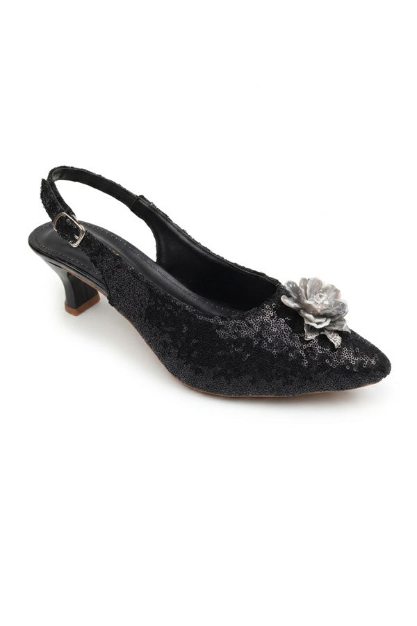 Black Sequin Floral Slingback Kitten Heels  WSA001501