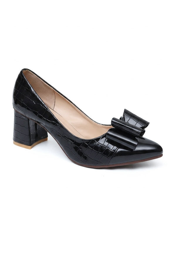Midnight Croc Bow Block Heels - Glossy Black   WCS000201