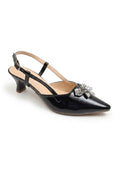 Black Patent Silver Brooch Slingback Heels  WSA001601