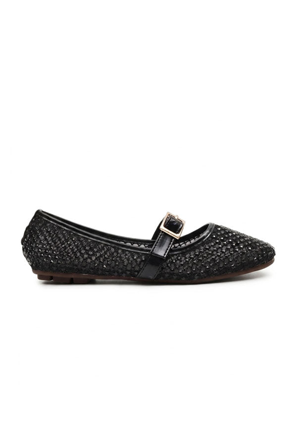 Black Open-Mesh Jeweled Flat Pumps  WBA001101