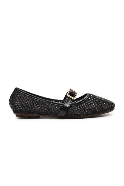 Black Open-Mesh Jeweled Flat Pumps  WBA001101