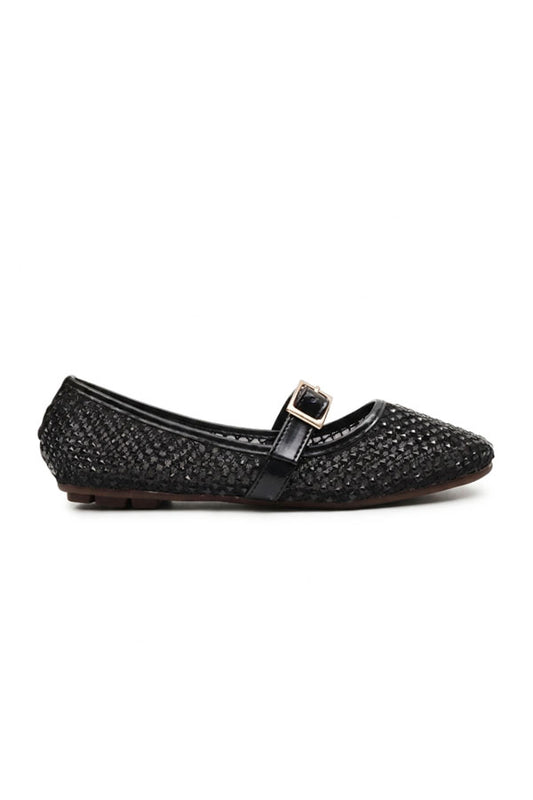 Black Open-Mesh Jeweled Flat Pumps  WBA001101