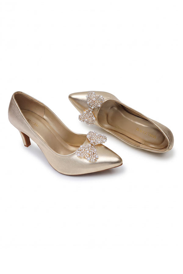 Gold Metallic Pearl Bow Court Pumps   WCS000311