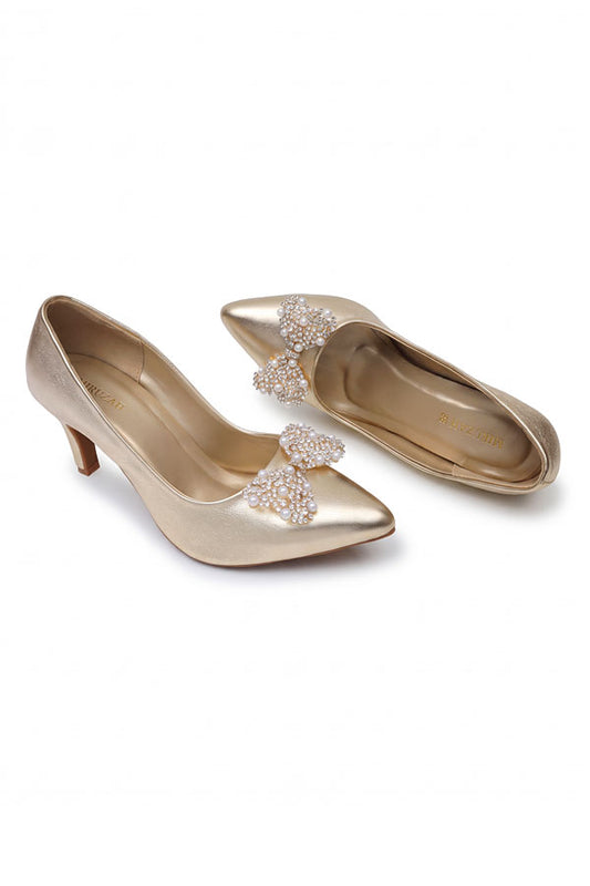 Gold Metallic Pearl Bow Court Pumps   WCS000311