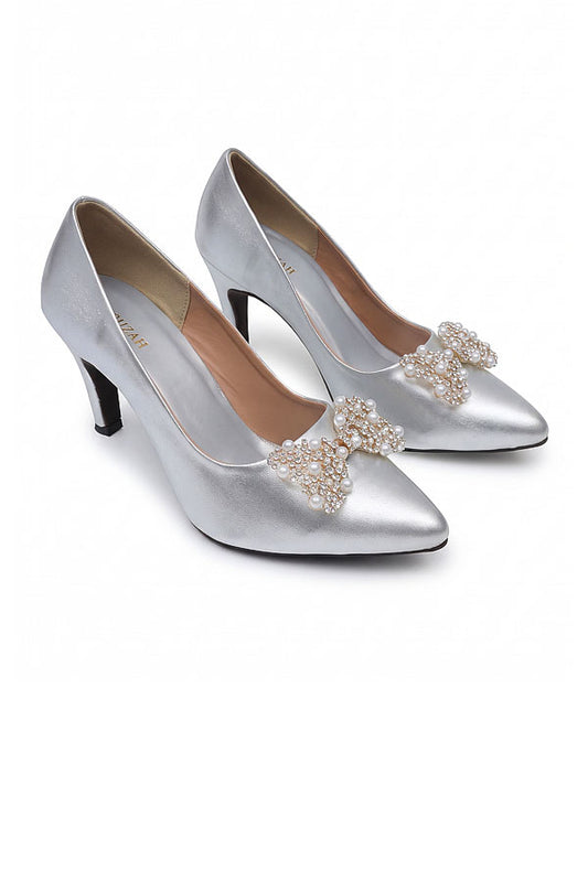 Silver Metallic Pearl Bow Court Pumps   WCS000312