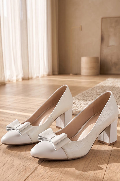 Ivory Croc Bow Block Heels  WCS0002034