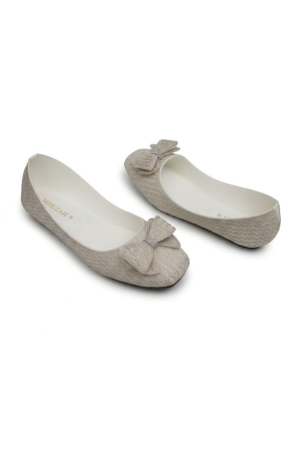 Off White Crystal Bow Flat Shoes  WBA001312