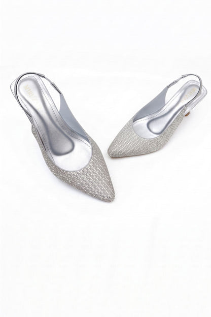 Metallic Silver Gem Mid Heels  WSA001212