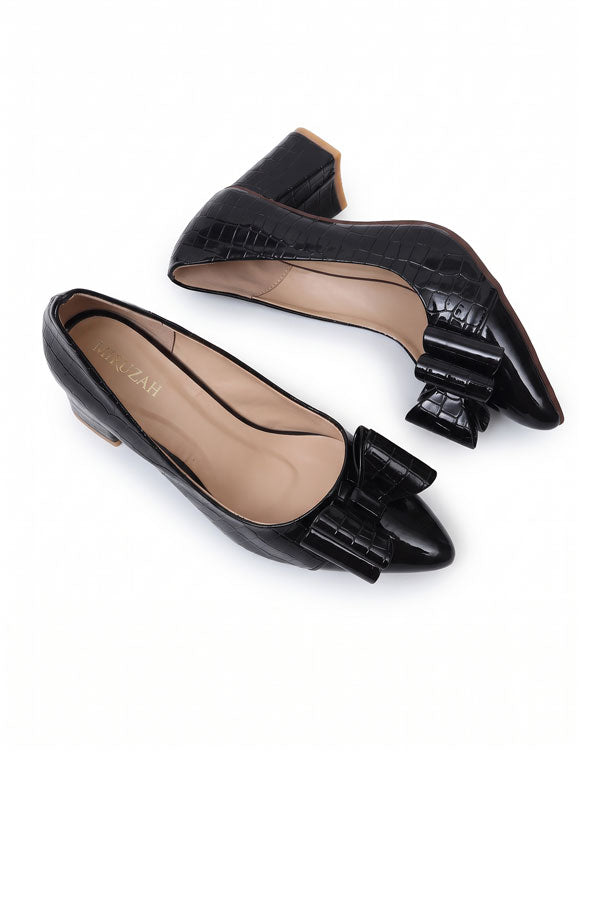 Midnight Croc Bow Block Heels - Glossy Black   WCS000201