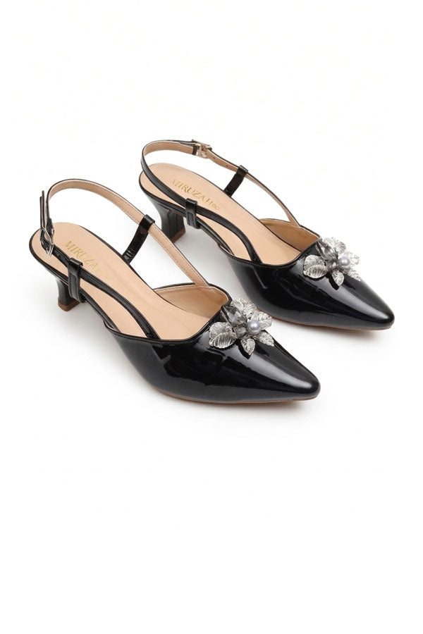 Black Patent Silver Brooch Slingback Heels  WSA001601