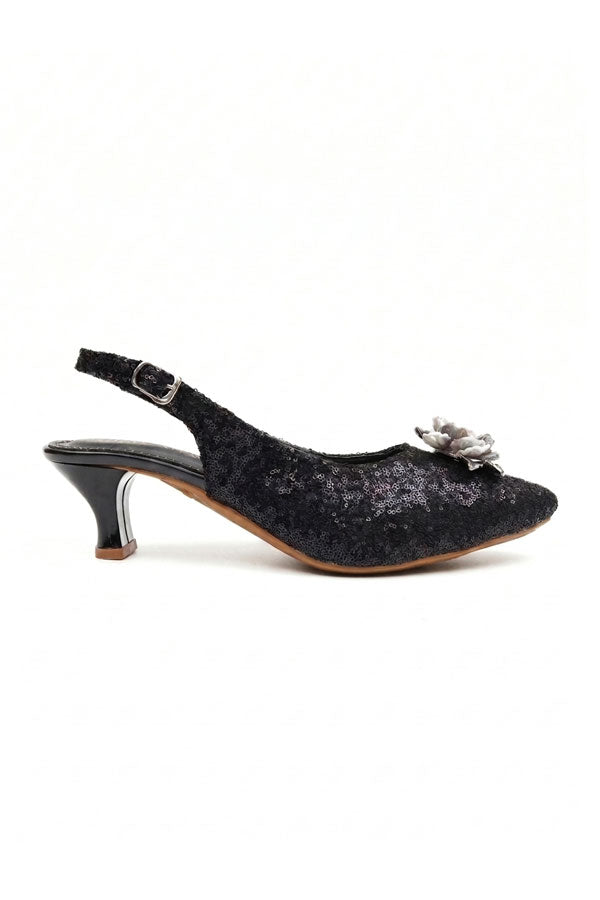 Black Sequin Floral Slingback Kitten Heels  WSA001501