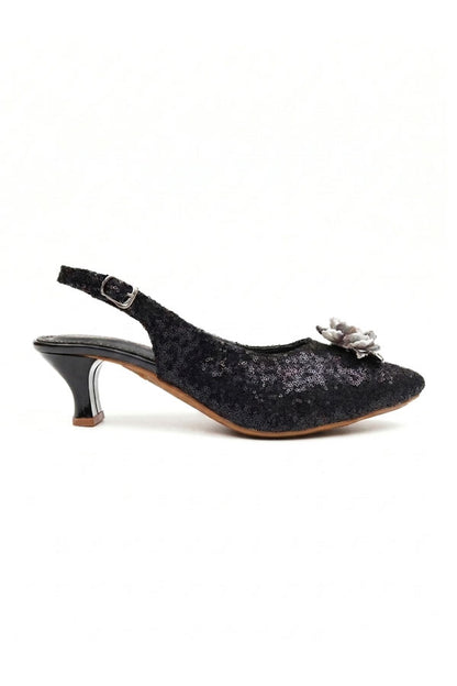 Black Sequin Floral Slingback Kitten Heels  WSA001501