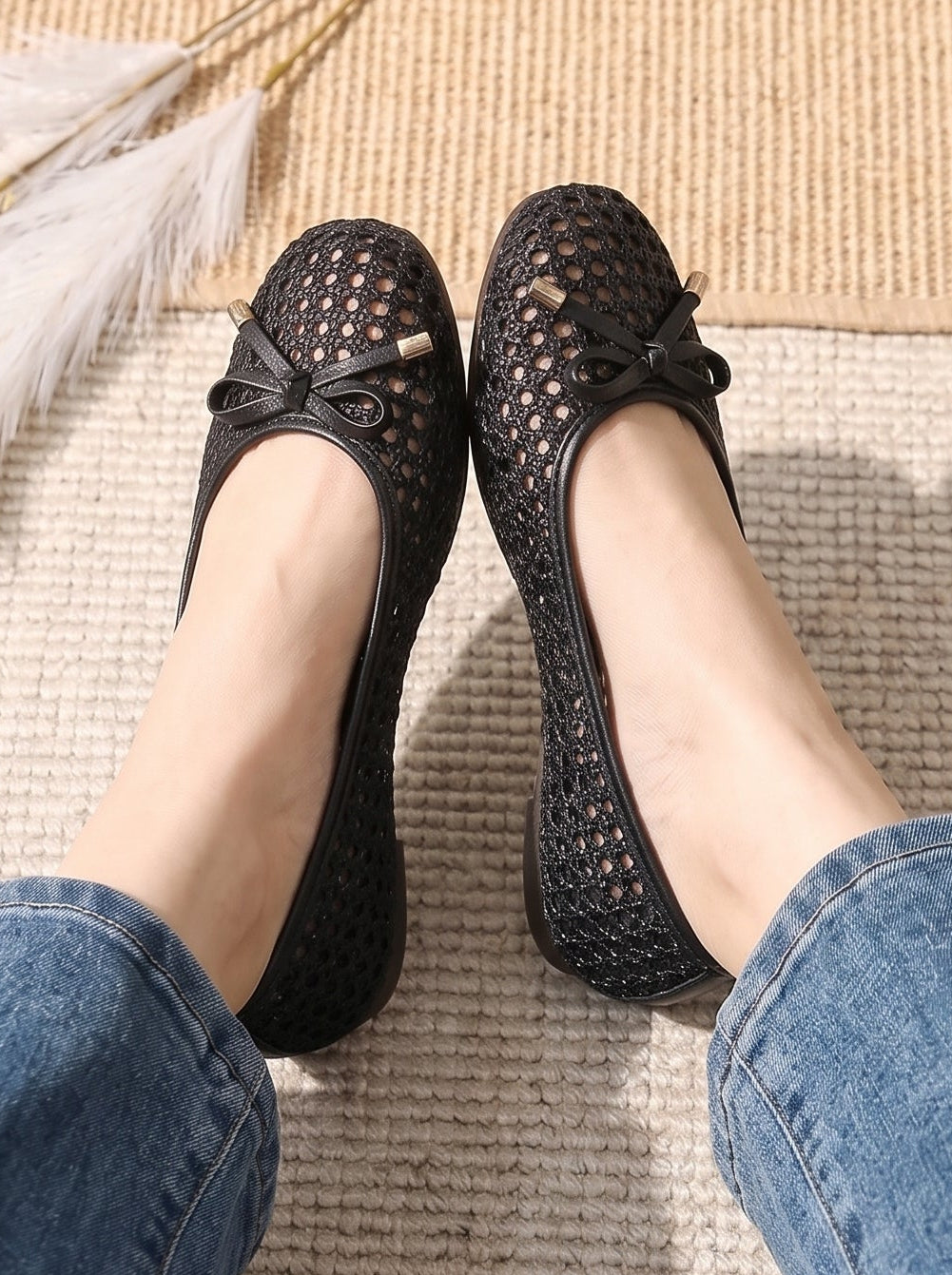 Black Lattice Bow Slip-On Shoes  WBA001201