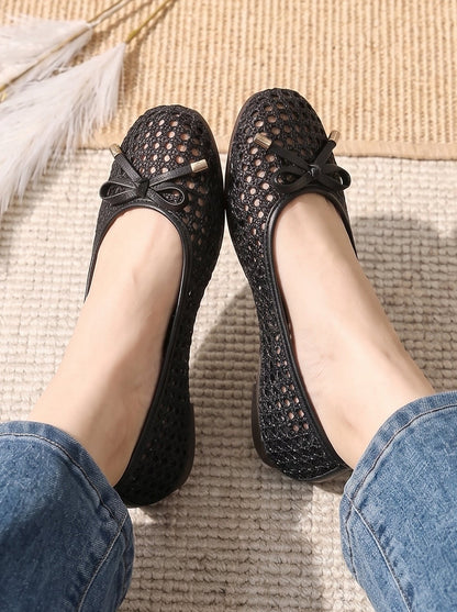 Black Lattice Bow Slip-On Shoes  WBA001201