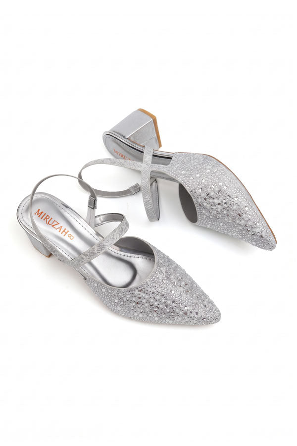 Silver Shimmer Strappy Bridal Low Heels  WSA001712
