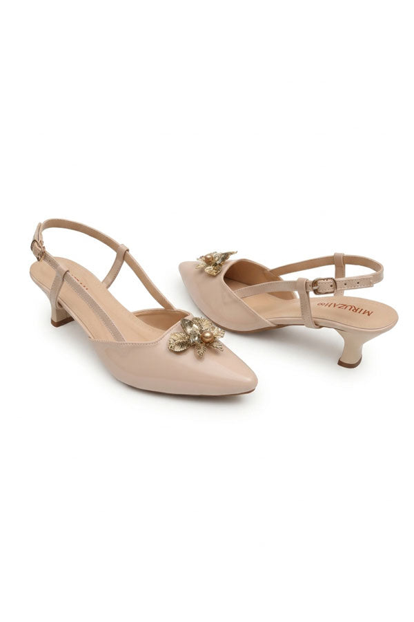 Blush Patent Strappy Gold Brooch Low Heels  WSA001605