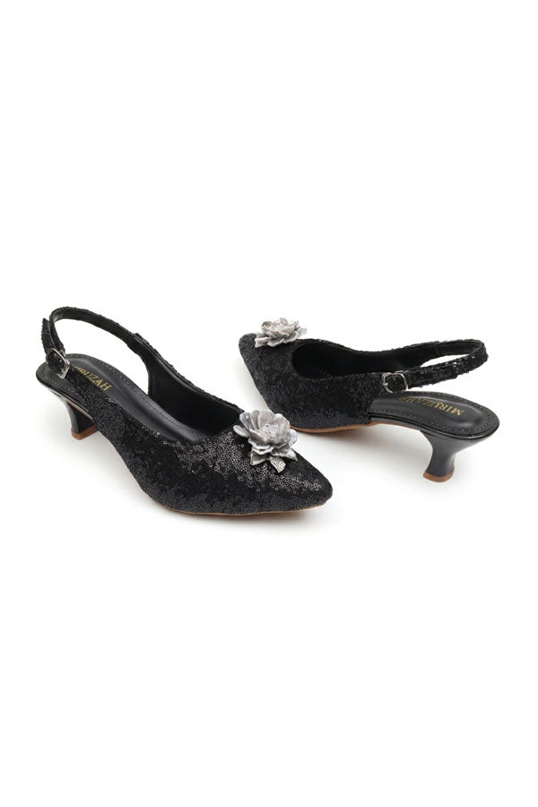 Black Sequin Floral Slingback Kitten Heels  WSA001501