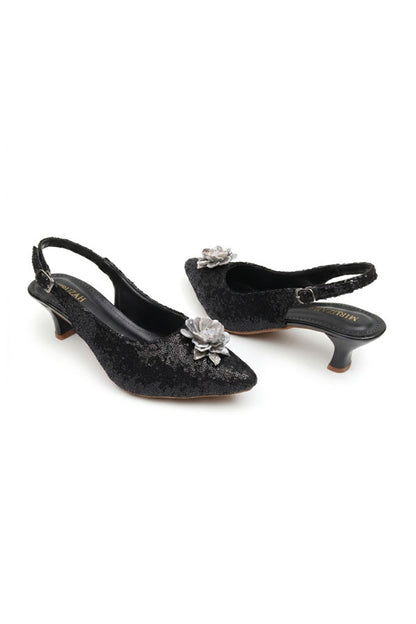 Black Sequin Floral Slingback Kitten Heels  WSA001501