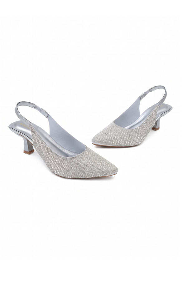 Metallic Silver Gem Mid Heels  WSA001212
